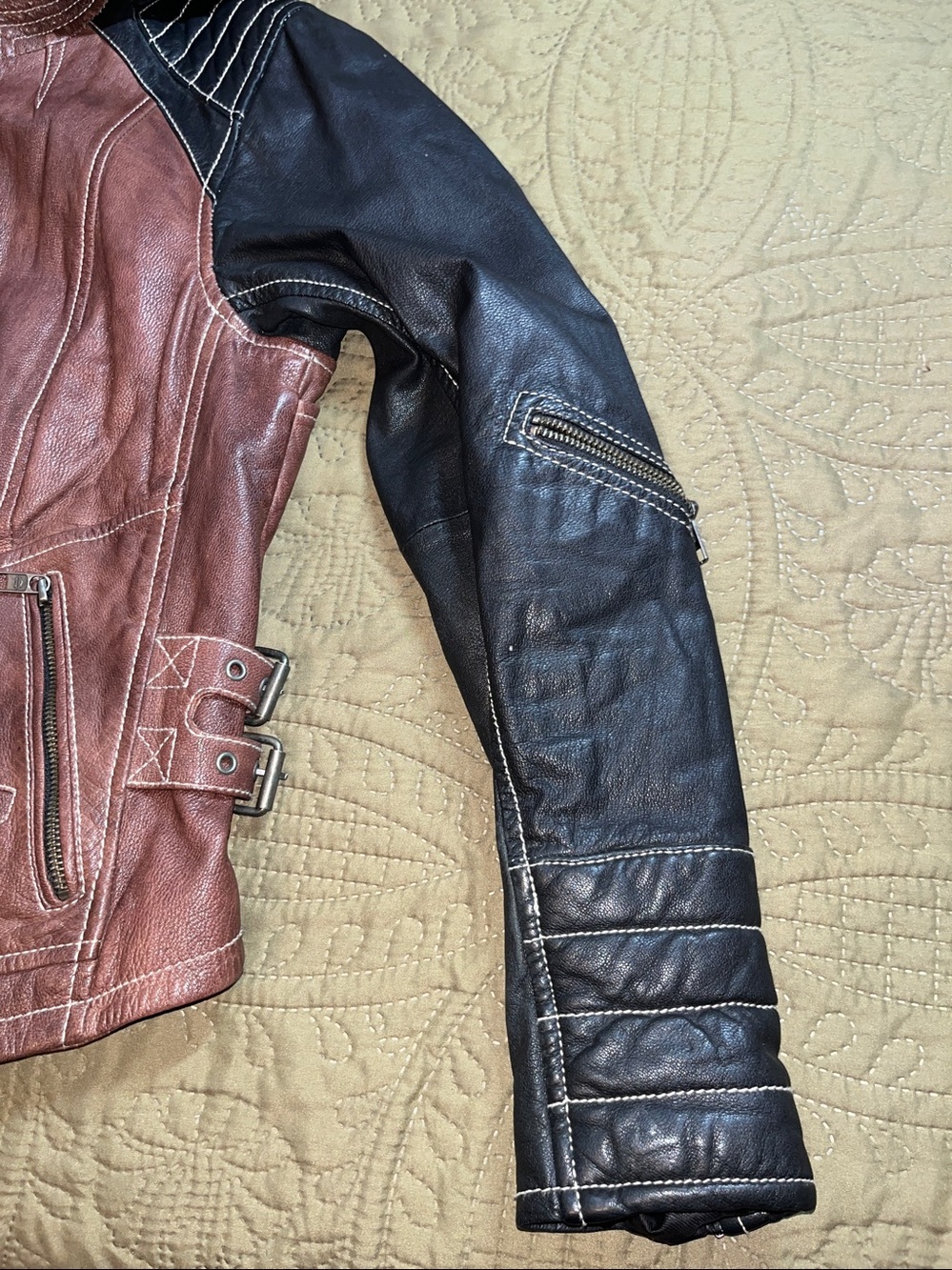 HARLEY DAVIDSON Ladies 3in1 Brown/Black Leather Moto Jacket Embroidered PERFECT - Picture 9 of 10